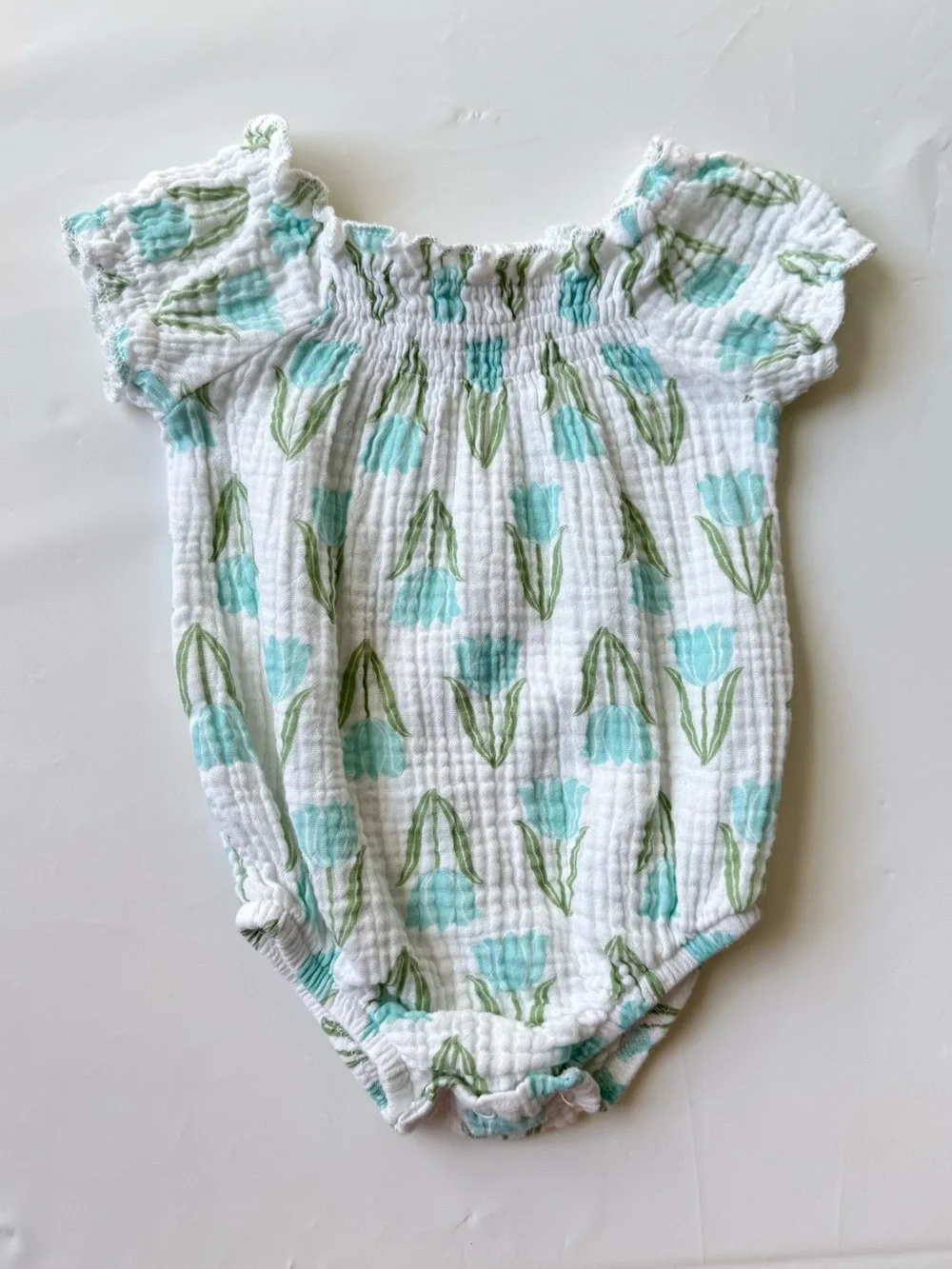 Rabbit + Bear Baby White Muslin Romper with Mint Floral Print
